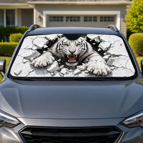 Roaring White Tiger Breaking Through Cracked Wall For Bold Safari Style Animal Lovers Car Sunshade