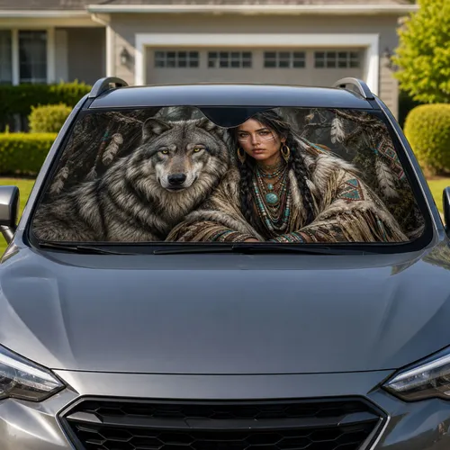 Braided Woman And Gray Wolf Woodland Portrait For Boho Tribal Spirit Decor Lovers Car Sunshade