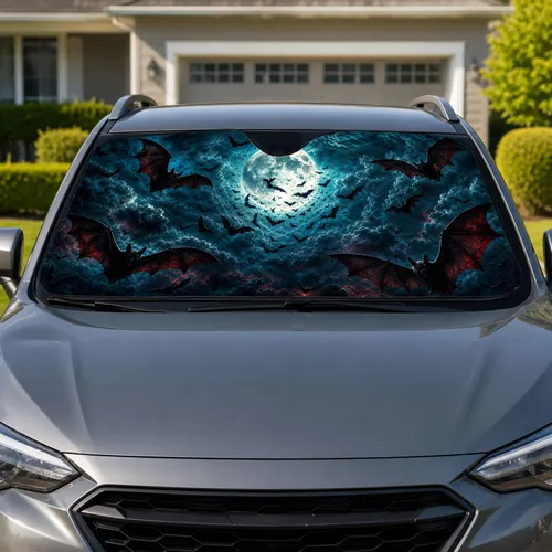 Gothic Full Moon Bats In Midnight Teal Clouds For Halloween Road Trip Decor Fans Car Sunshade