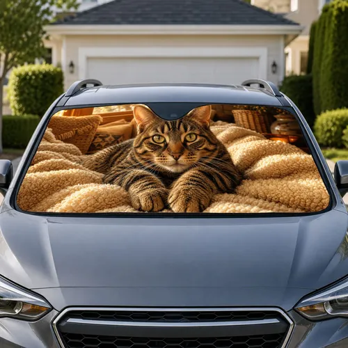 Realistic Brown Black Tabby Cat On Cream Sherpa Blanket Cozy Cabin Decor For Cat Lovers Car Sunshade