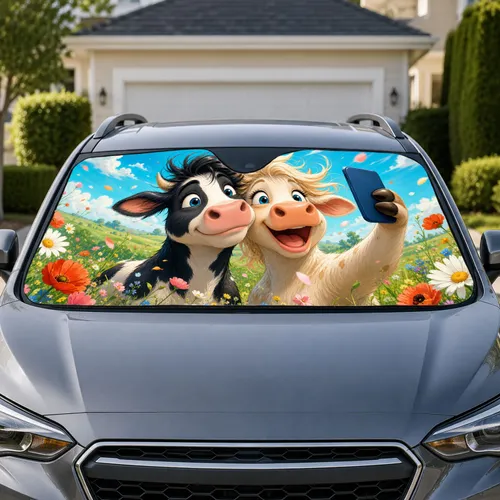Cheerful Cow Couple Selfie In Flower Meadow For Summer Road Trips And Farm Fans Gift Car Sunshade