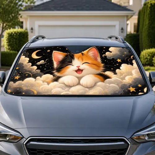 Happy Calico Kitten On Dreamy Clouds With Golden Stars Night Sky For Cute Cat Lovers Car Sunshade