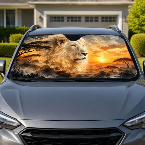 White Lion Savanna Sunset Landscape For Safari Road Trips And Wildlife Lovers Decor Car Sunshade