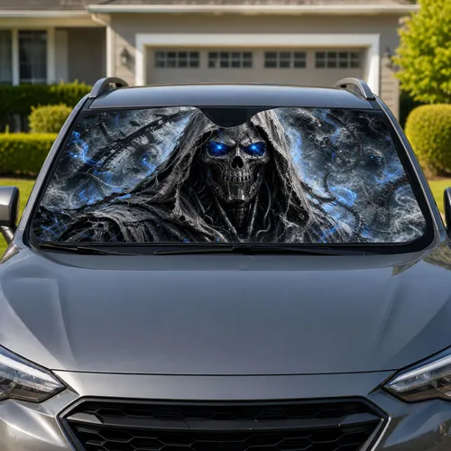 Cybernetic Grim Reaper Skull Dark Sci Fi Gothic Decor For Metal Fans And Drivers Car Sunshade