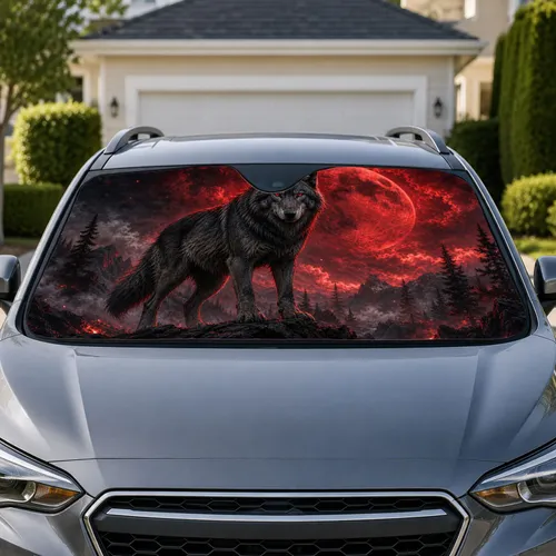 Red Eyed Dark Wolf Beneath Blood Moon For Gothic Wilderness Fans And Night Rides Car Sunshade