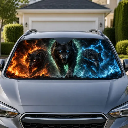 Three Fierce Black Wolves With Glowing Eyes For Dark Fantasy Adventure Enthusiasts Car Sunshade
