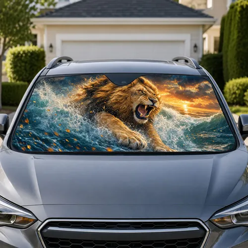 Roaring Lion Charging Through Stormy Ocean Waves For Bold Coastal Safari Wildlife Fans Car Sunshade
