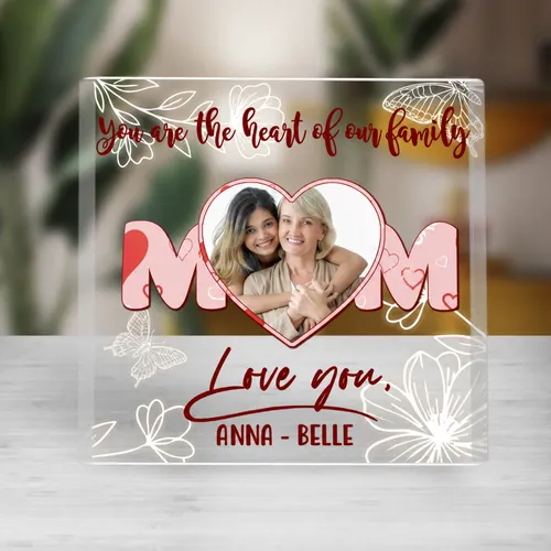 Custom Mom Photo Acrylic Plaque, Personalized Heart of Our Family Gift