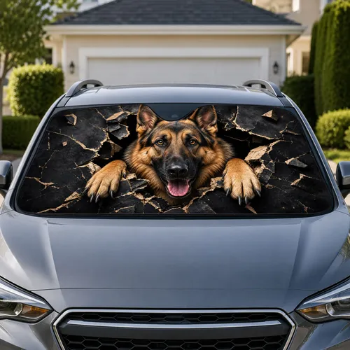 Realistic German Shepherd Bursting Through Ripped Black Surface For Dog Lover Road Trips Car Sunshade