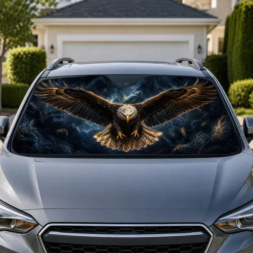 Majestic Bald Eagle In Flight With Dark Navy Storm Haze For Patriotic Outdoor Style Car Sunshade