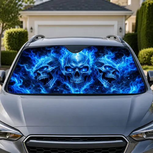 Blue Flame Gothic Skulls Dark Fantasy Horror Decor For Metalheads And Haunted Rides Car Sunshade