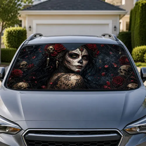Gothic Day Of The Dead Sugar Skull Woman With Crimson Roses For Dark Fantasy Fans Car Sunshade