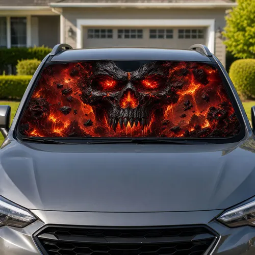 Demonic Lava Skull With Glowing Red Eyes And Hellfire Cavern For Dark Fantasy Fans Car Sunshade