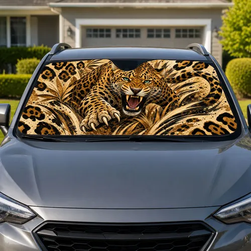 Roaring Leopard Jaguar Big Cat Safari Decor For Wild Animal Lovers And Jungle Fans Car Sunshade