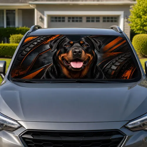 Realistic Rottweiler Portrait With Rugged Tire Tread Adventure Style For Dog Lovers Car Sunshade