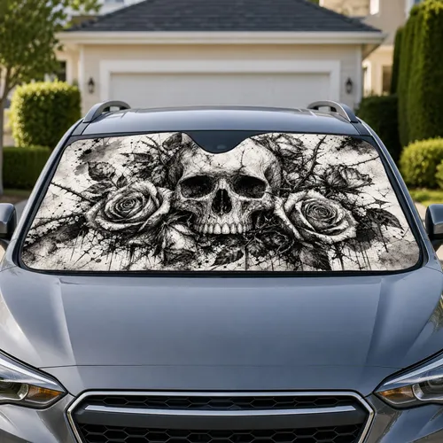 Skull And Roses Gothic Grunge Ink Memento Mori Decor For Edgy Tattoo Style Lovers Car Sunshade