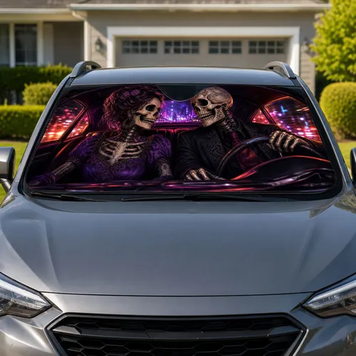 Gothic Skeleton Couple In Neon Coupe Night Drive Decor For Halloween Road Trip Fans Car Sunshade