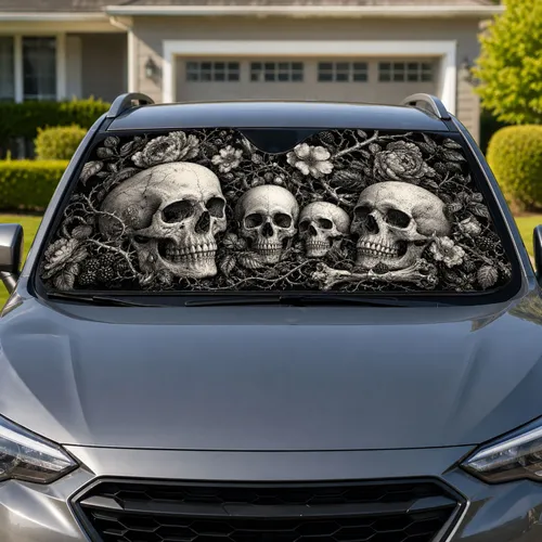 Gothic Skulls With Thorny Florals Dark Halloween Decor For Hearse Loving Drivers Car Sunshade
