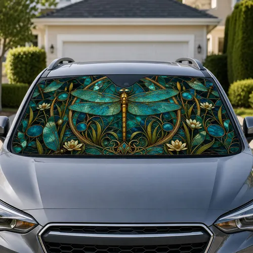Stained Glass Dragonfly With Teal Art Nouveau Mosaic For Gothic Nature Lovers Gift Car Sunshade