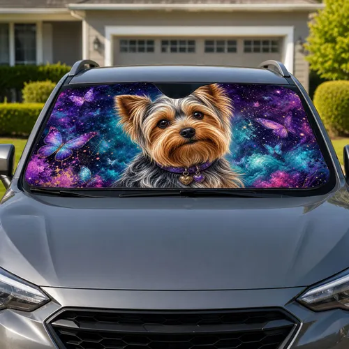 Yorkshire Terrier With Butterflies And Cosmic Stars For Dog Lover Road Trips Gift Car Sunshade