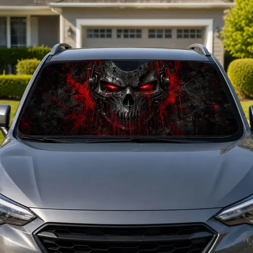 Cybernetic Skull With Red Drips Gothic Metal Horror Style For Daily Urban Drivers Car Sunshade