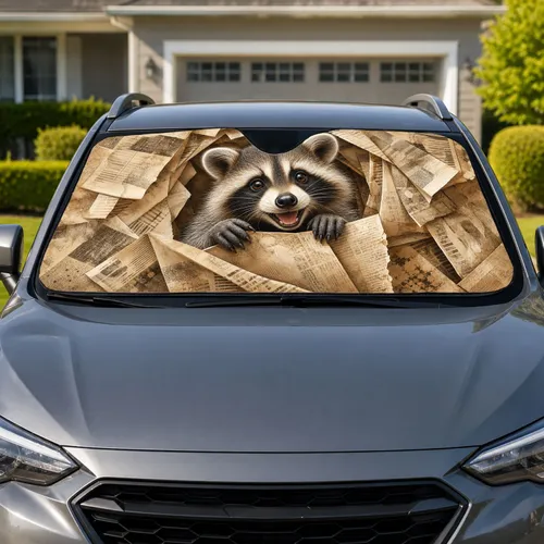 Cute Raccoon In Cozy Newspaper Nest For Summer Road Trips And Wildlife Lovers Gift Car Sunshade