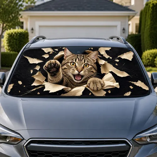 Mischievous Tabby Cat Torn Paper Scene For Playful Pet Lover Daily Drive Gift Mood Car Sunshade