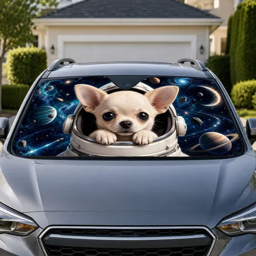 Astronaut Chihuahua Puppy Peeking In Cosmic Space For Pet Lovers Road Trip Decor Car Sunshade