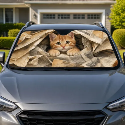 Ginger Tabby Kitten In Newspaper Cozy Cute Pet Lover Summer Travel Decor Gift For Cat Fans Car Sunshade