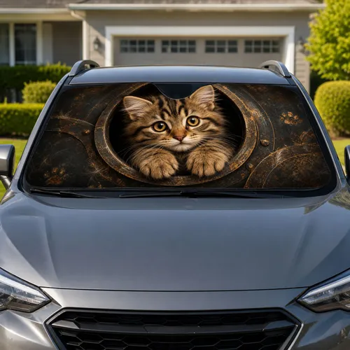 Realistic Brown Tabby Kitten Peeking From Rustic Metal Ring For Pet Lovers Road Trips Car Sunshade
