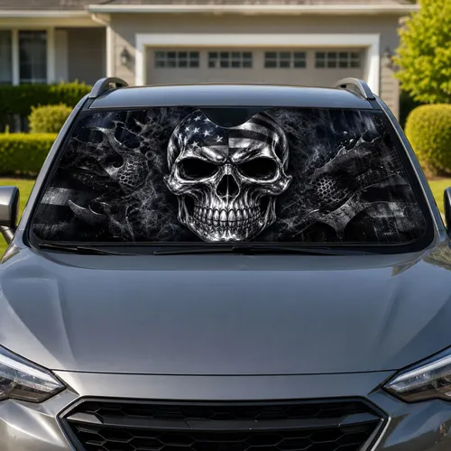 Chrome Skull American Flag Heavy Metal Grunge Decor For Dark Biker Garage Enthusiasts Car Sunshade