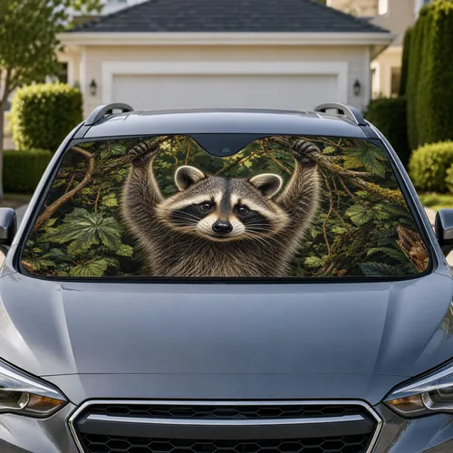 Realistic Reaching Raccoon In Forest Leaves For Woodland Wildlife And Cabin Fans Car Sunshade