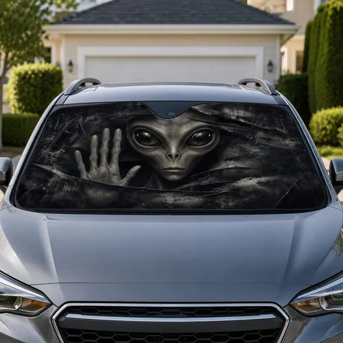 Shadowy Alien Horror Face With Raised Hand For Gothic Road Trip Vibes And UFO Fans Car Sunshade