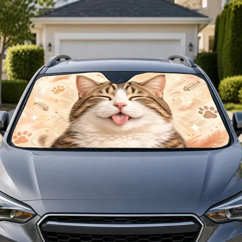 Cute Tongue Out Tabby Cat Face With Paw Marks For Pet Lovers And Daily Drive Decor Car Sunshade