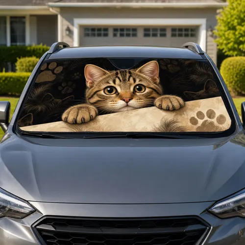 Realistic Brown Tabby Cat Peeking Over Cream Ledge For Everyday Pet Lovers And Cat Moms Car Sunshade
