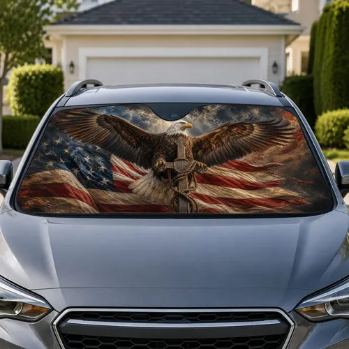 Bald Eagle With Cross And American Flag Patriotic Faith Decor For Veterans And Patriots Car Sunshade