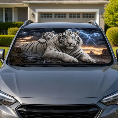 White Tiger And Cub In Lightning Storm Wildlife Decor For Bold Adventure Lovers Gift Car Sunshade