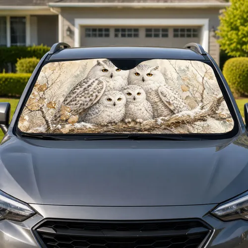 Snowy Owl Family Watercolor Woodland Winter Decor For Bird Lovers And Nature Fans Car Sunshade