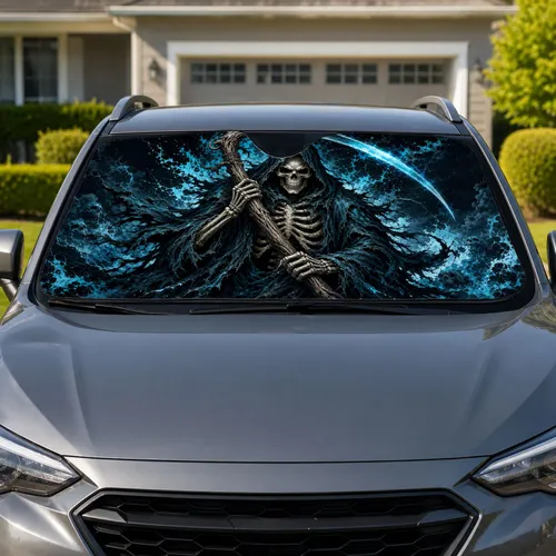 Grim Reaper Skull With Scythe And Blue Ink Splatter Gothic Horror For Dark Fantasy Fans Car Sunshade