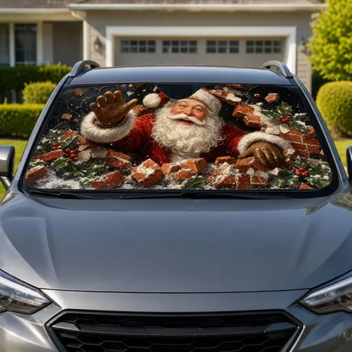 Santa Claus Bursting Through Brick Wall Christmas Holiday Decor For Festive Travelers Car Sunshade