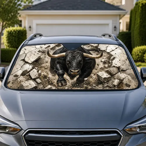 Charging Black Bull Breaking Stone Wall Dramatic Western Rodeo Ranch Gift For Men Car Sunshade