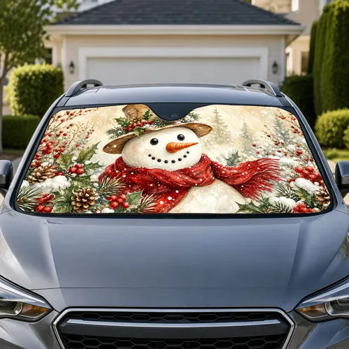 Watercolor Snowman With Holly Berries And Pinecones For Cozy Christmas Winter Decor Car Sunshade