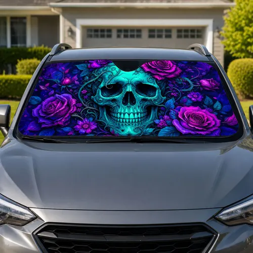 Neon Turquoise Skull With Magenta Roses For Gothic Festival Decor And Dark Fantasy Fans Car Sunshade
