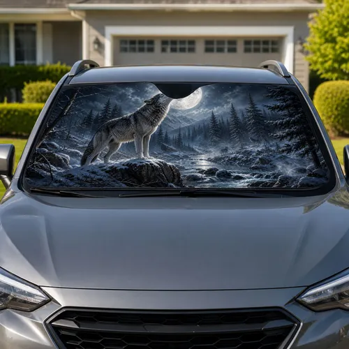 Howling Gray Wolf Under Full Moon In Snowy Pine Forest For Wilderness Decor Lovers Car Sunshade