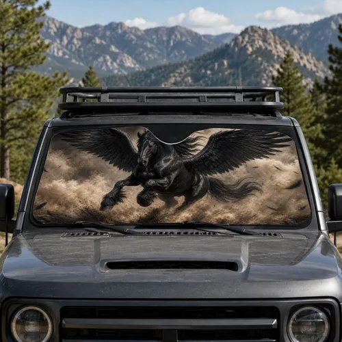 Black Pegasus Horse In Smoky Dust For Fantasy Road Trips And Mythic Style Lovers Car Sunshade