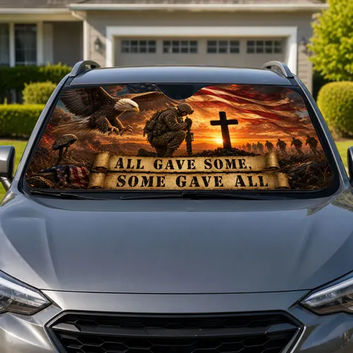 Patriotic Eagle Flag Cross Memorial Tribute With Soldier For Veterans And Military Car Sunshade