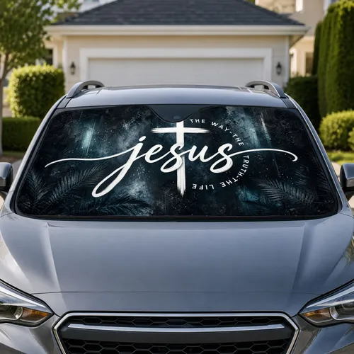 White Jesus Cross Wordmark With The Way Truth Life For Daily Christian Faith Drivers Car Sunshade