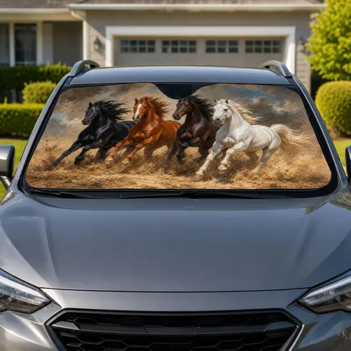 Four Galloping Horses Dusty Western Scene For Road Trip Style Ranch Equine Lovers Car Sunshade
