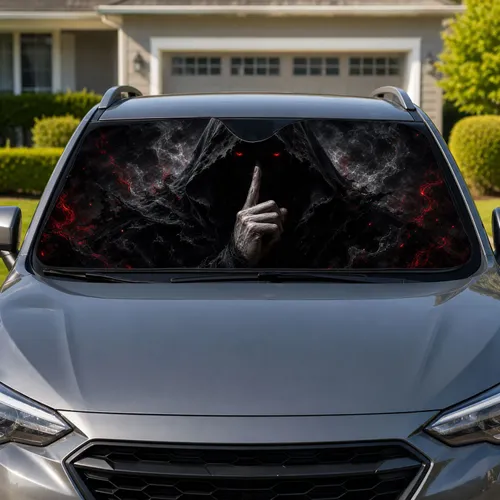Dark Hooded Hush Figure With Glowing Red Eyes For Gothic Horror Decor And Mystery Fans Car Sunshade