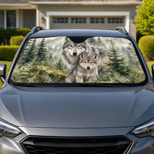 Gray Wolf And Pup In Misty Pine Forest Woodland Decor For Outdoor Nature Lovers Gifts Car Sunshade